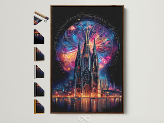 Gothic Cathedral artwork with a cosmic stained glass design. The artwork is displayed in a brown frame. See frame options available. Perfect gothic wall decor for living room bedroom or office.