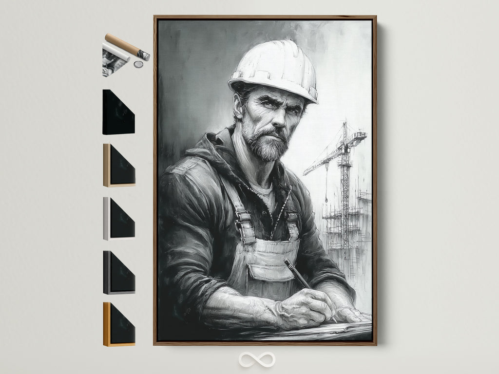 Framed construction worker art print with a brown frame is displayed. The artwork captures an industrial portrait of a construction worker. All frame options are visible on the side. Ideal wall art for office decor or a construction-themed space. Perfect blue-collar gift.