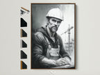 Framed construction worker art print with a brown frame is displayed. The artwork captures an industrial portrait of a construction worker. All frame options are visible on the side. Ideal wall art for office decor or a construction-themed space. Perfect blue-collar gift.