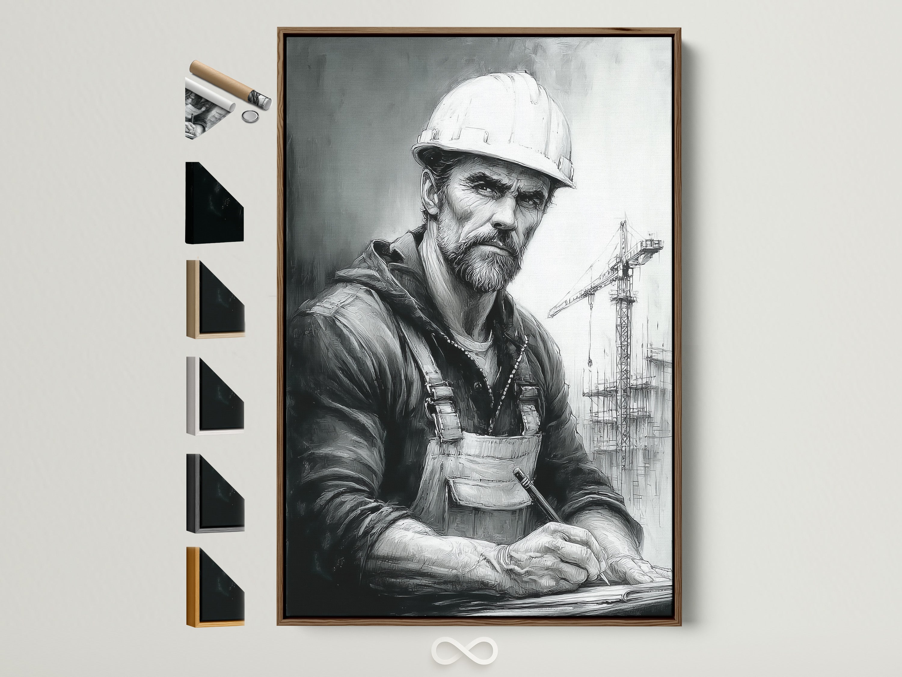 Framed construction worker art print with a brown frame is displayed. The artwork captures an industrial portrait of a construction worker. All frame options are visible on the side. Ideal wall art for office decor or a construction-themed space. Perfect blue-collar gift.