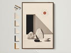 Minimalist Stone Canvas artwork with a brown frame. The artwork features geometric shapes and neutral colors. A stylish choice for modern home or office wall decor. This frame is displayed with all frame options on the side. Perfect for adding a touch of zen to any space. Enhance your interior with this elegant artwork.