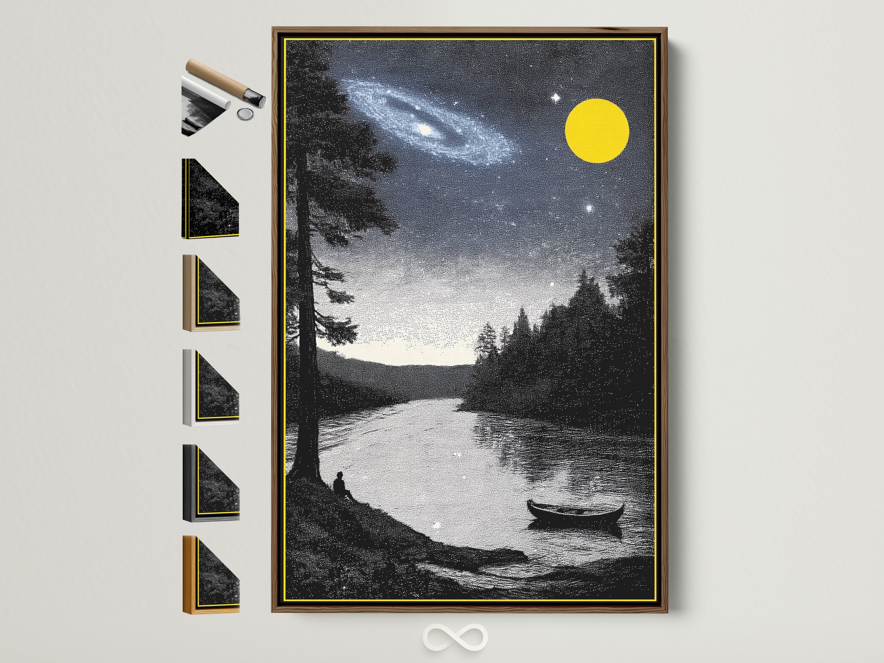 Night Sky Landscape artwork with a brown frame. The artwork features a lake a galaxy a yellow moon and trees. Frame options displayed on the side showcase available styles for this celestial scenery print. Perfect modern wall art.