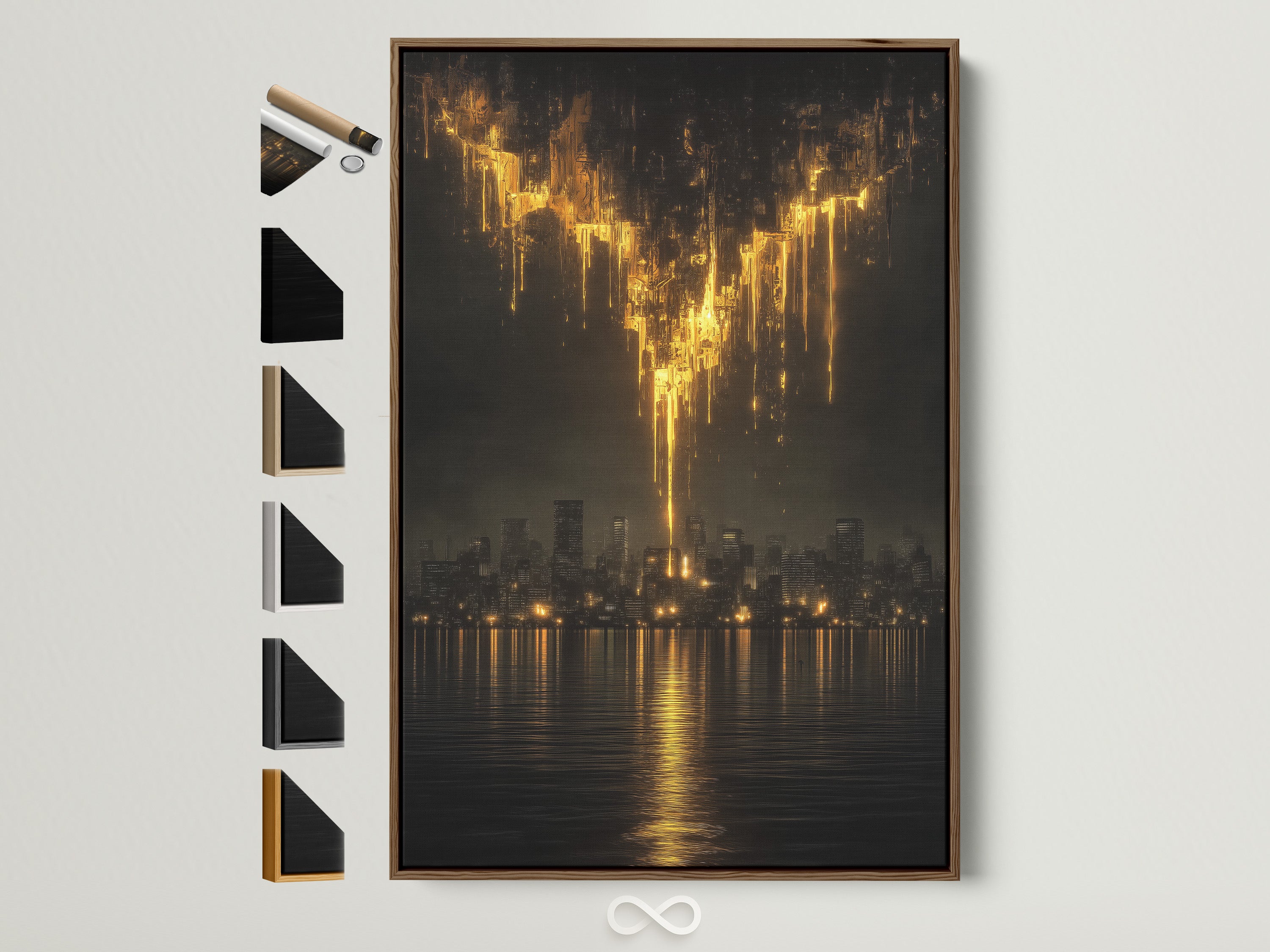 Explore frame options with this golden city skyline artwork. See a brown frame alongside other frame choices. Perfect for modern office art urban canvas prints and golden wall decor. Elevate your space with abstract skyline art. This moody cityscape enhances any room's aesthetic.