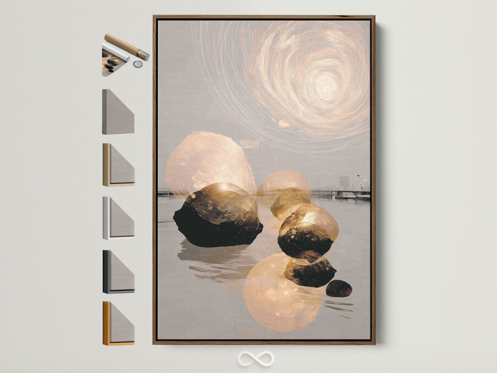 Abstract Zen artwork in a brown frame. The artwork features balanced stones and a neutral color palette. View all available frame options. Perfect for minimalist Scandinavian or coastal decor styles. Find serene prints for your home or office.