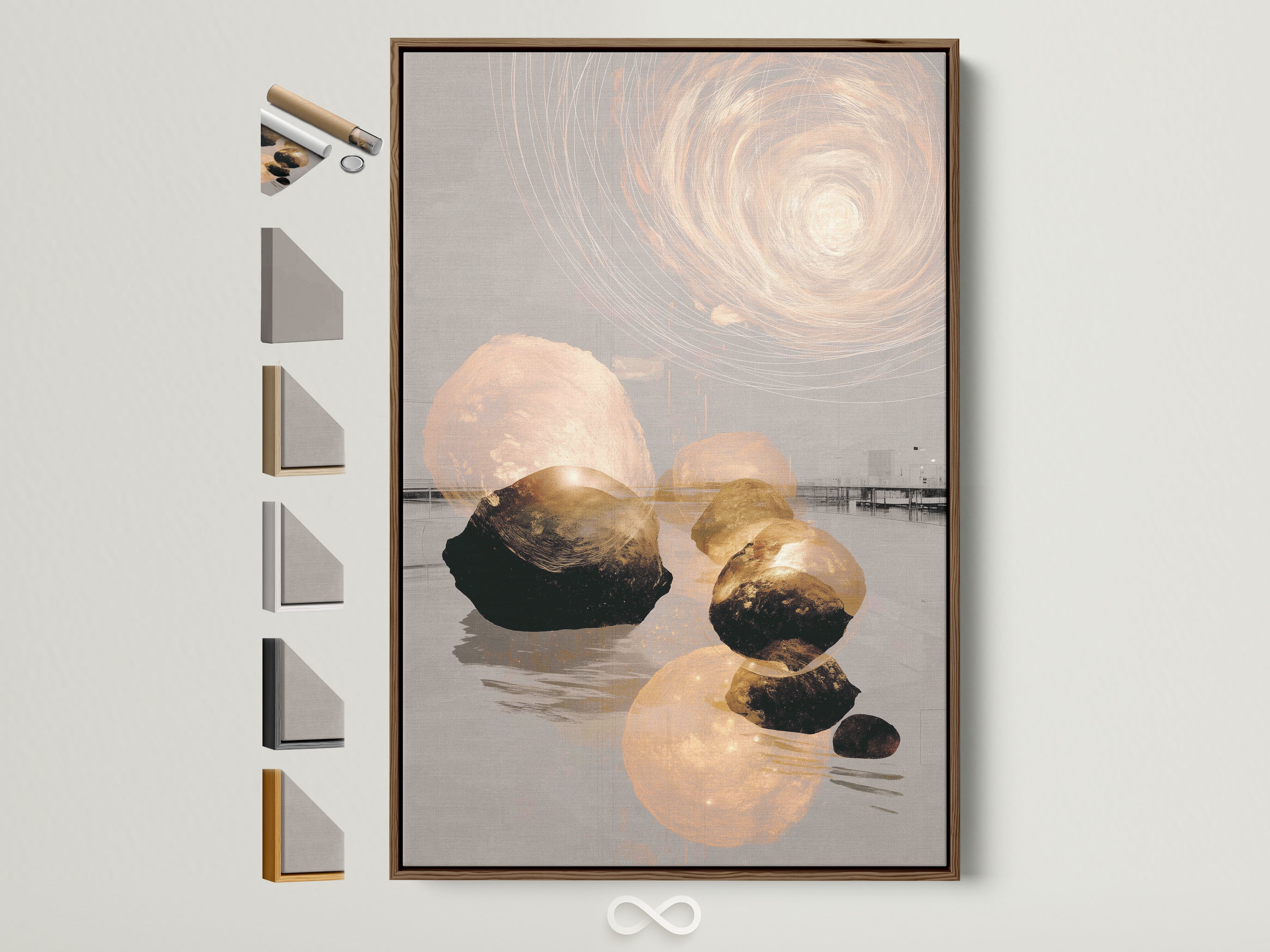 Abstract Zen artwork in a brown frame. The artwork features balanced stones and a neutral color palette. View all available frame options. Perfect for minimalist Scandinavian or coastal decor styles. Find serene prints for your home or office.