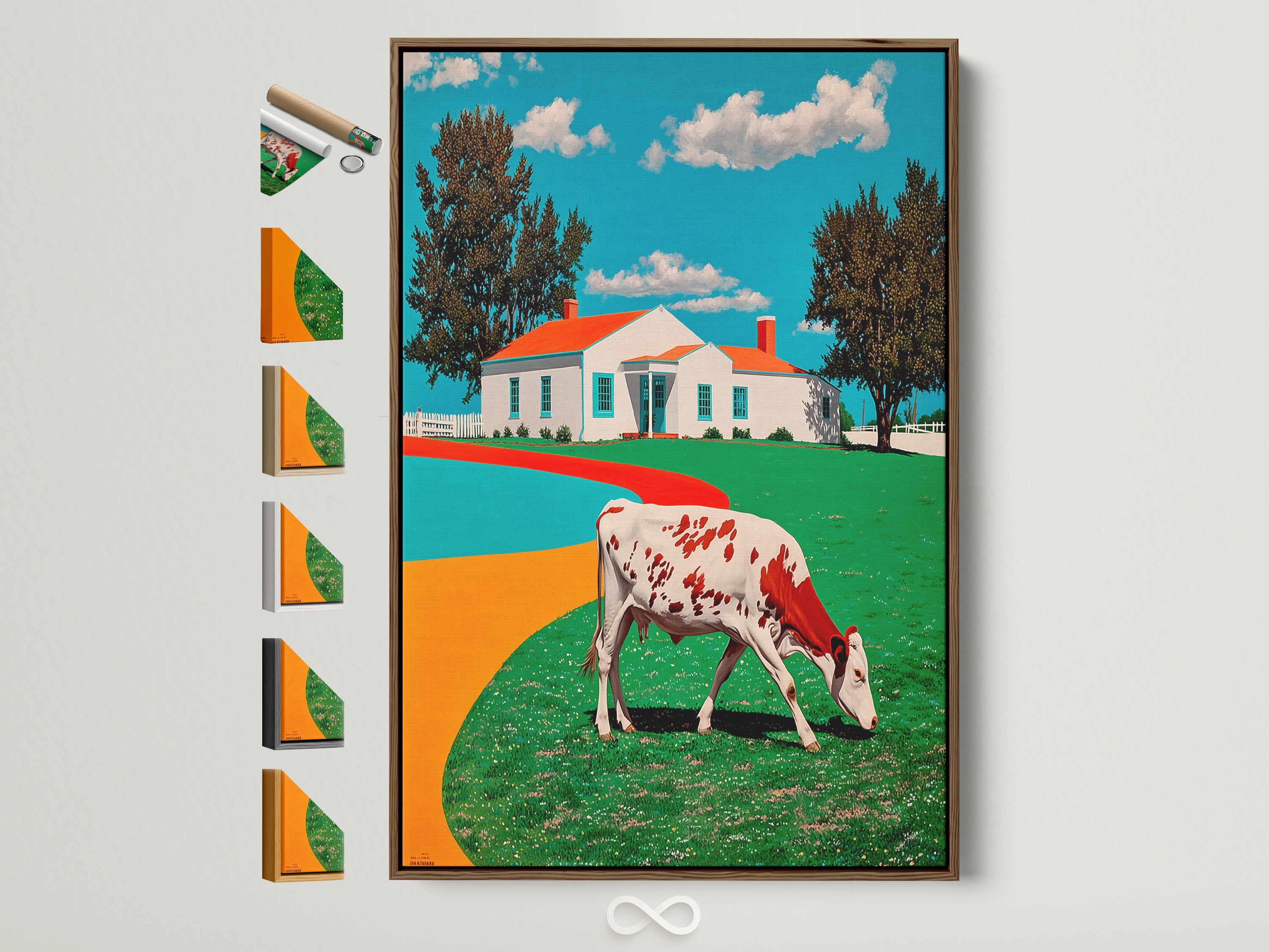 Cow Canvas Print in a Brown Frame. The art features a red and white cow grazing in a vibrant green pasture. A white farmhouse with a red roof stands in the background. Explore framing options for this farmhouse wall art. A quirky countryside poster perfect for adding rustic animal artwork to your kitchen or living room. Find the ideal frame to complement your decor.