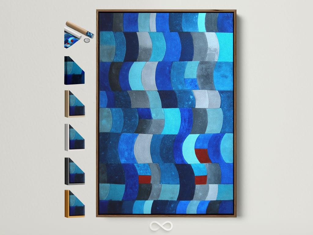 Explore the variety of frame options available. This image showcases an abstract blue artwork with a brown frame. See all frame styles side by side. Find the perfect frame to complement your modern art. Enhance your geometric wall art today.