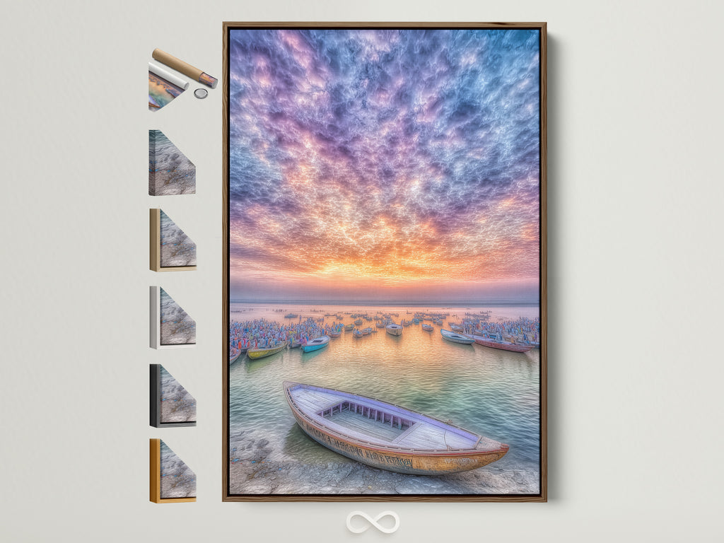 Harbor Sunset artwork with a brown frame. Fishing boats rest on the water under a vibrant sunset sky. This coastal seascape photography brings a sense of serenity to any room. Consider this beige wall art for a coastal or tropical style. It is perfect for living rooms bedrooms or offices.