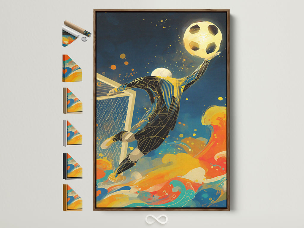 A vibrant soccer goalkeeper artwork is displayed in a brown frame. Various frame options are showcased beside it. The artwork adds a playful touch to any kids room decor. The piece blends sports enthusiasm with colorful artistic expression.