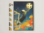 A vibrant soccer goalkeeper artwork is displayed in a brown frame. Various frame options are showcased beside it. The artwork adds a playful touch to any kids room decor. The piece blends sports enthusiasm with colorful artistic expression.
