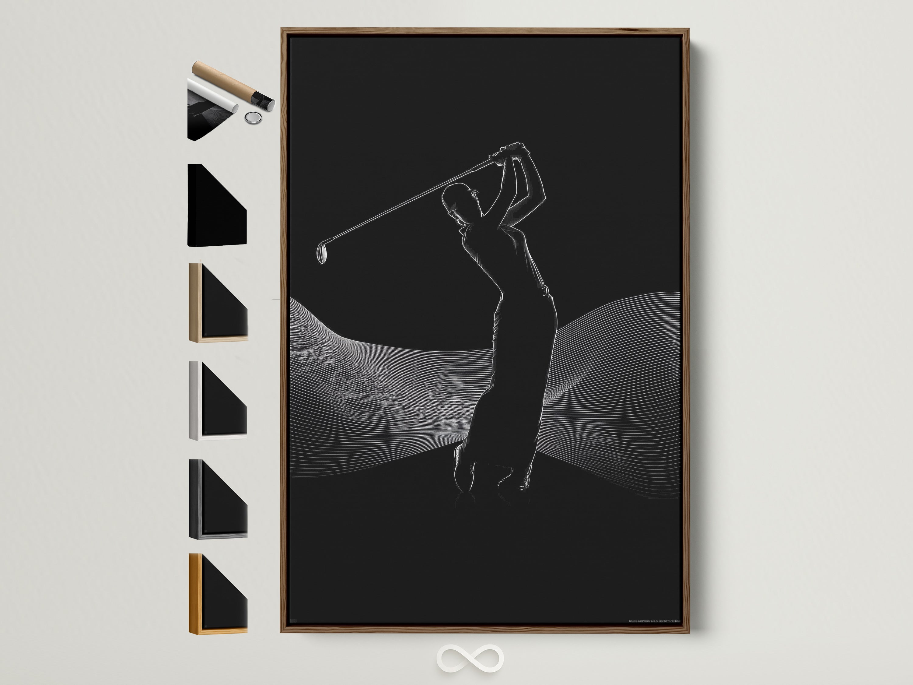 Modern sports wall art featuring a minimalist golfer. The golfer is captured mid-swing in a black and white silhouette. The artwork is framed in a natural brown frame. See all frame options to customize your golf artwork.