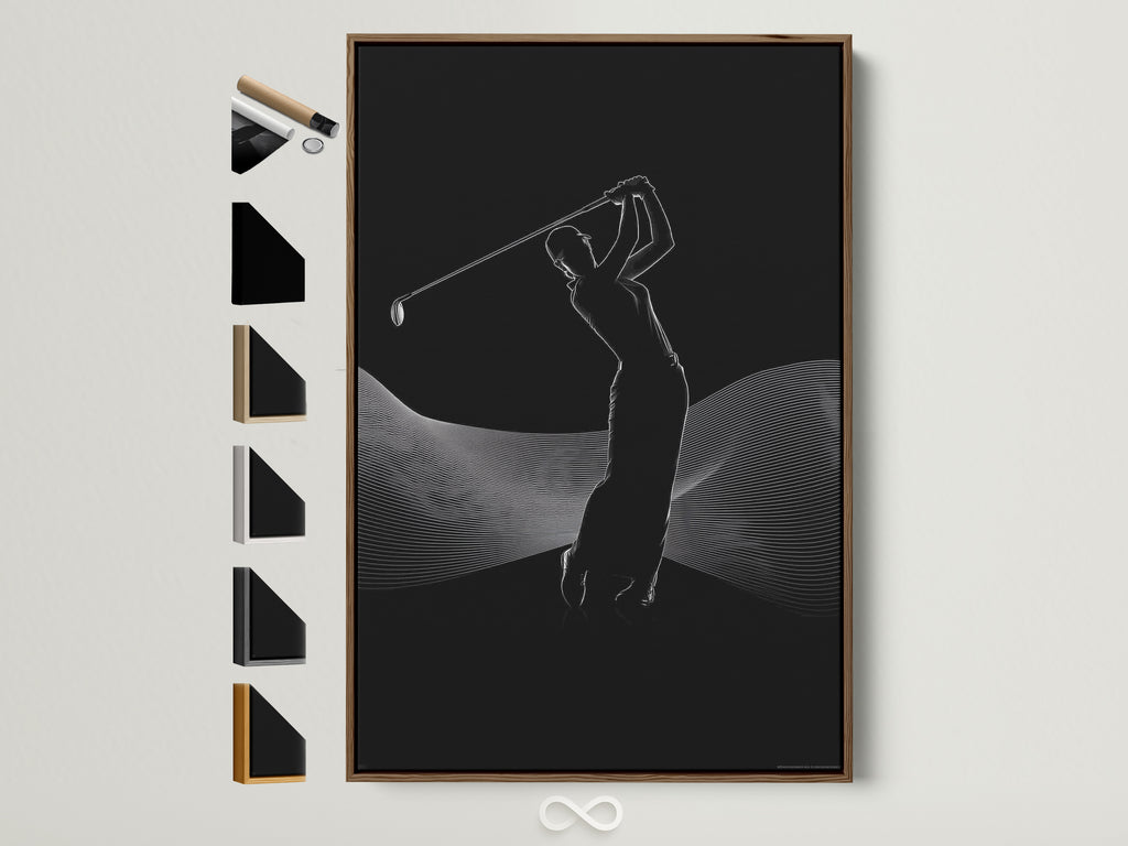 Modern sports wall art featuring a minimalist golfer. The golfer is captured mid-swing in a black and white silhouette. The artwork is framed in a natural brown frame. See all frame options to customize your golf artwork.