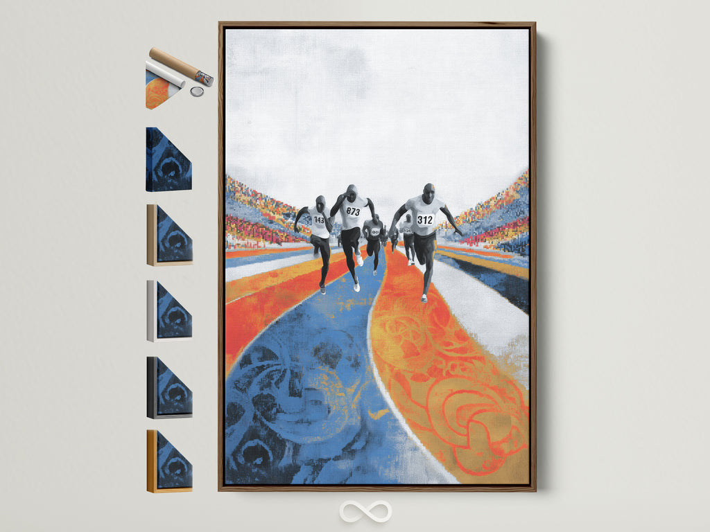 A marathon runners canvas artwork in a brown frame is displayed. Frame options are presented on the side. This athletic sports wall art features a blue orange track stadium decor. Perfect for a home gym wall decor or any space needing sports motivation.
