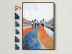 A marathon runners canvas artwork in a brown frame is displayed. Frame options are presented on the side. This athletic sports wall art features a blue orange track stadium decor. Perfect for a home gym wall decor or any space needing sports motivation.