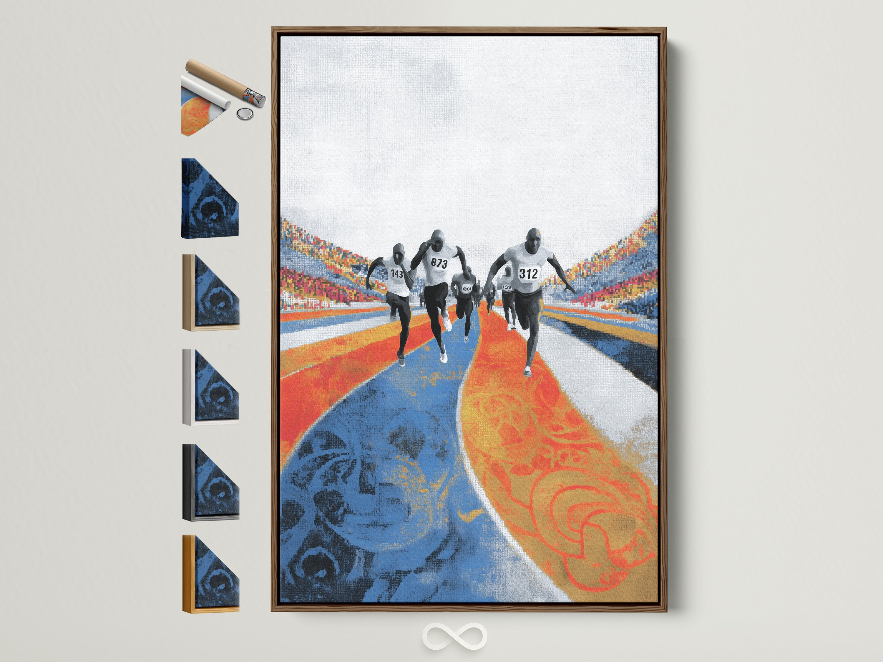 A marathon runners canvas artwork in a brown frame is displayed. Frame options are presented on the side. This athletic sports wall art features a blue orange track stadium decor. Perfect for a home gym wall decor or any space needing sports motivation.