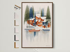 A brown frame displays architectural lake house artwork. This mid-century modern art piece features geometric lake scenery. Explore frame options to enhance your office decor. Perfect for architectural enthusiasts seeking refined wall art.