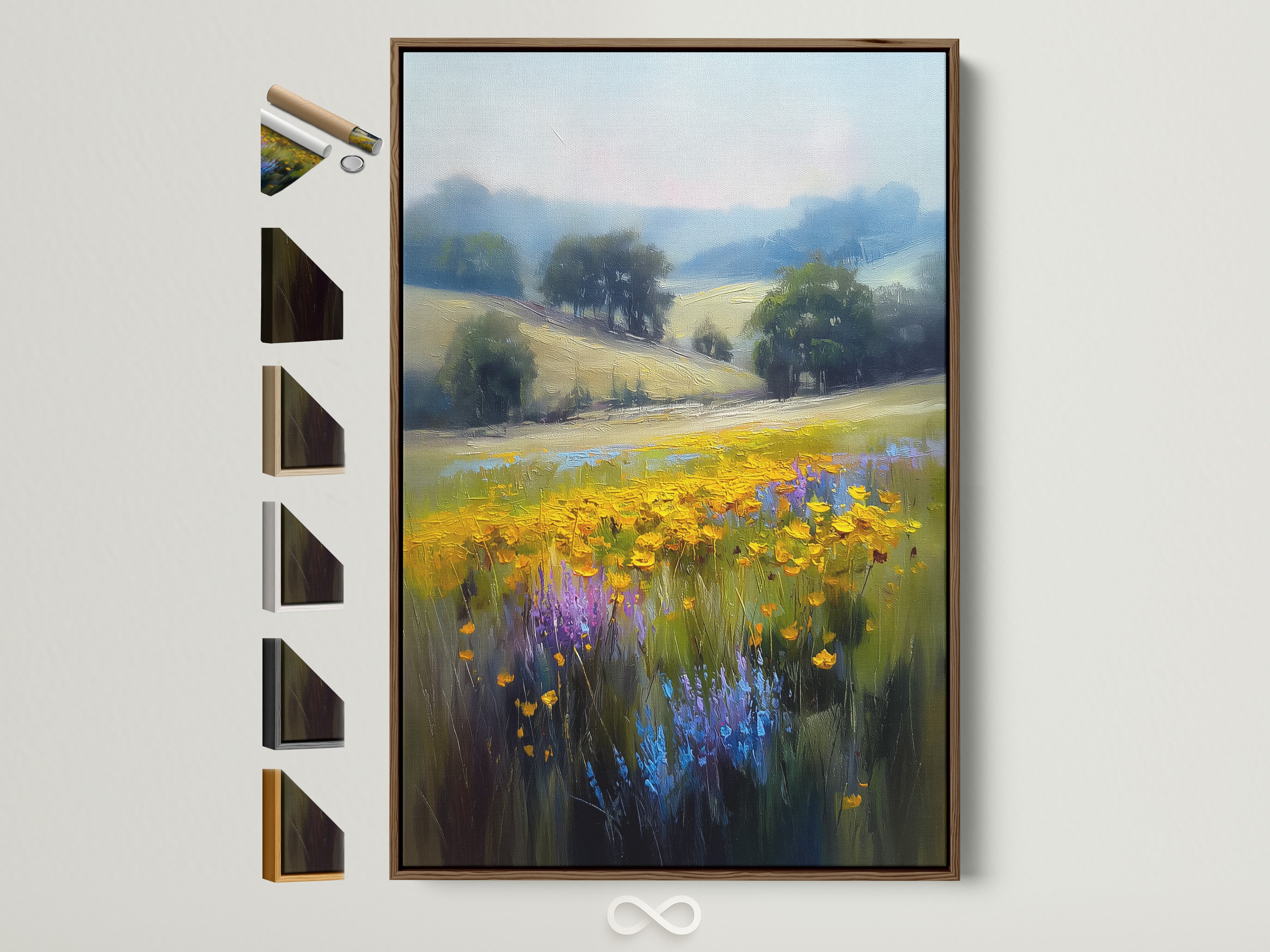 A wildflower meadow artwork with a brown frame is displayed. Various frame options are showcased beside it. This impressionist landscape wall art features yellow and purple blooms. It adds a touch of country charm to any room. Perfect for homeowners and interior enthusiasts seeking rustic decor.