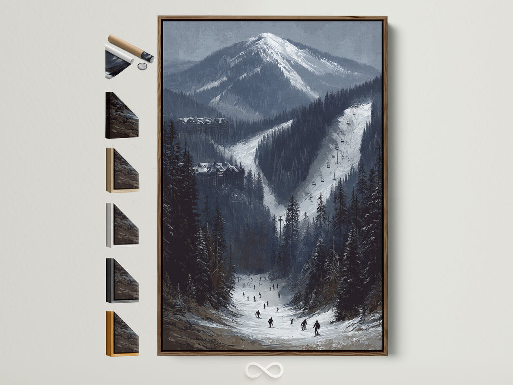 Ski Resort Mountain artwork with a brown frame. See all frame options to customize your alpine winter landscape wall art. Find the perfect snow covered peaks for your cabin decor. Ideal for ski lodge style.