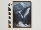 Ski Resort Mountain artwork with a brown frame. See all frame options to customize your alpine winter landscape wall art. Find the perfect snow covered peaks for your cabin decor. Ideal for ski lodge style.