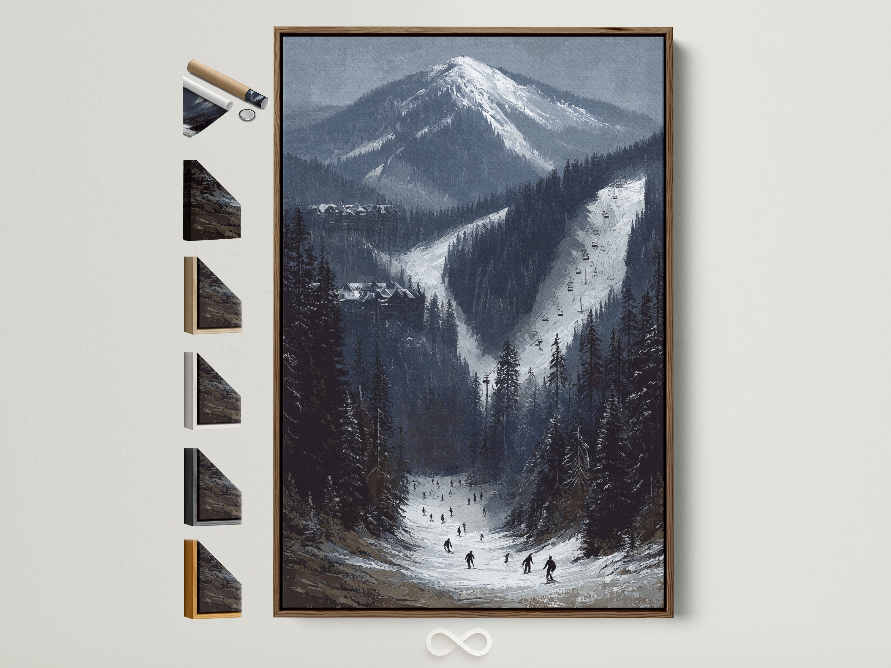 Ski Resort Mountain artwork with a brown frame. See all frame options to customize your alpine winter landscape wall art. Find the perfect snow covered peaks for your cabin decor. Ideal for ski lodge style.