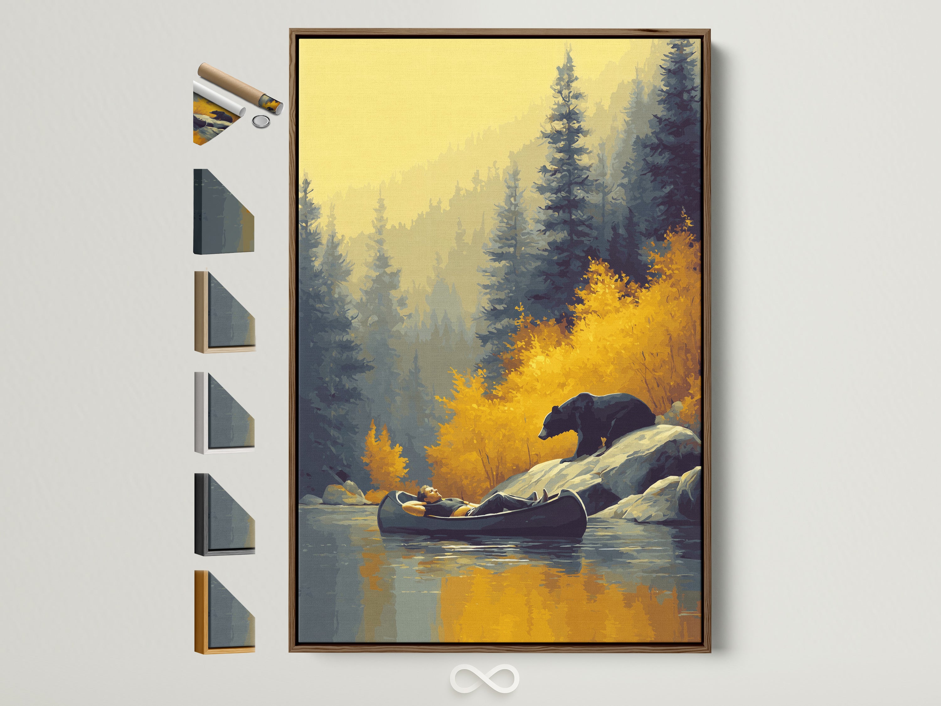 A serene nature artwork featuring a bear and canoe. The artwork is framed in a brown frame. Various frame options are displayed beside it. Perfect autumnal forest wall decor for a cabin setting.