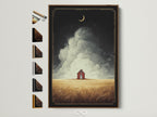 Framed farmhouse art featuring a red barn in a golden wheat field. The artwork is displayed in a brown frame. Frame options are visible on the side. Perfect for adding a touch of rustic charm to your entryway or living room. Elevate your home decor with this captivating landscape poster.