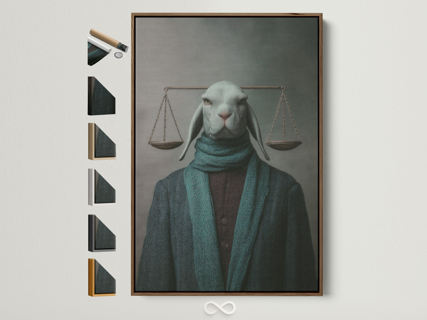 Explore frame options for the Justice Rabbit art print. A brown frame surrounds the surreal legal wall art. See available frame styles to perfectly match your law office decor. This animal portrait canvas adds sophistication and whimsy.