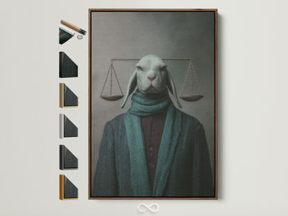 Explore frame options for the Justice Rabbit art print. A brown frame surrounds the surreal legal wall art. See available frame styles to perfectly match your law office decor. This animal portrait canvas adds sophistication and whimsy.