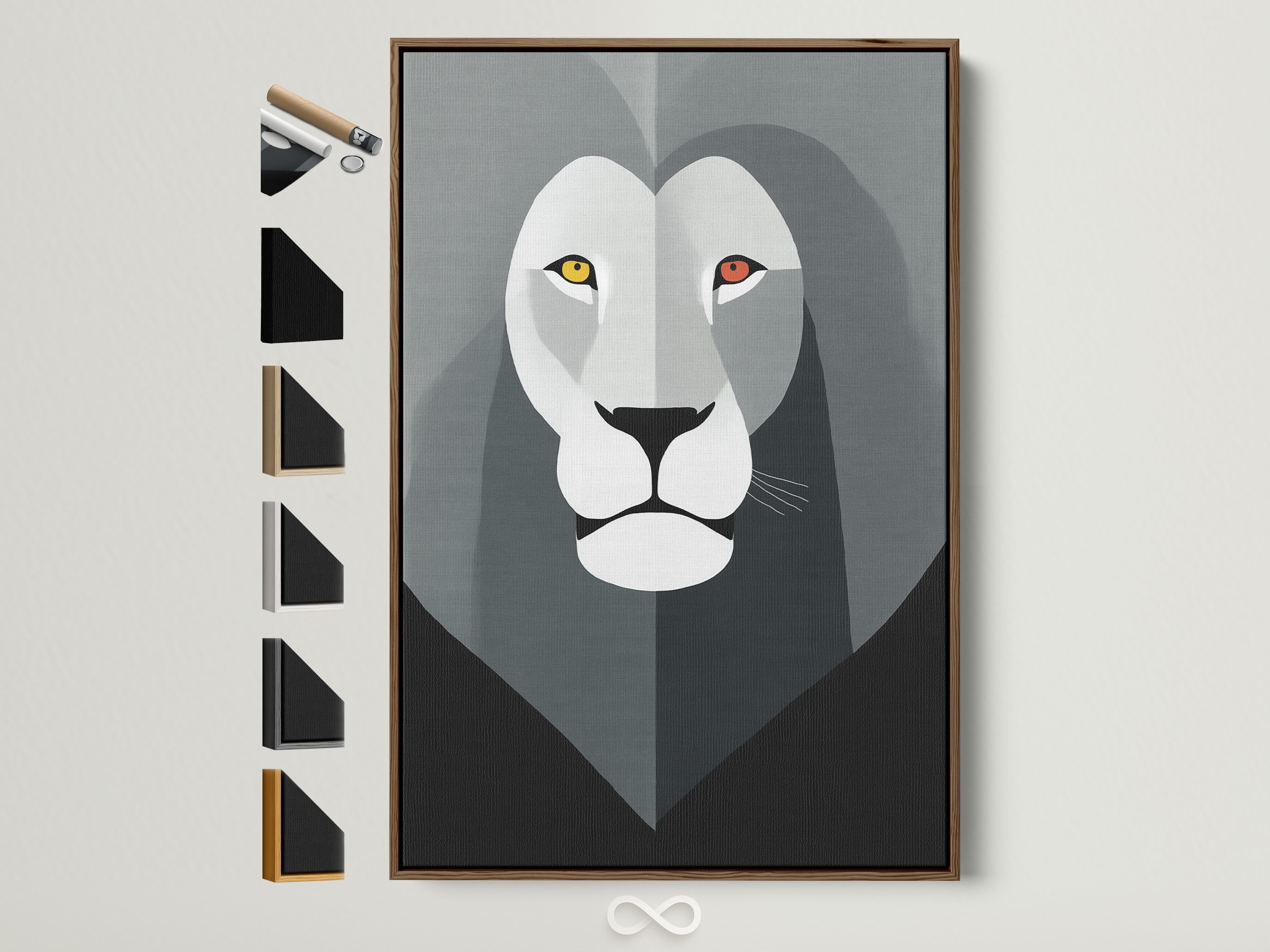 Explore our artwork framing options. See the brown frame with various frame styles showcased on the side. Find the perfect frame to complement your art. Discover options for every aesthetic preference. Enhance your artwork with our diverse frame selection.