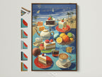 Framed coastal still life artwork featuring a beach cafe scene with summer fruit and cake. The brown frame complements the vibrant colors. Explore framing options for your kitchen art print. This seaside artwork evokes a relaxing atmosphere.