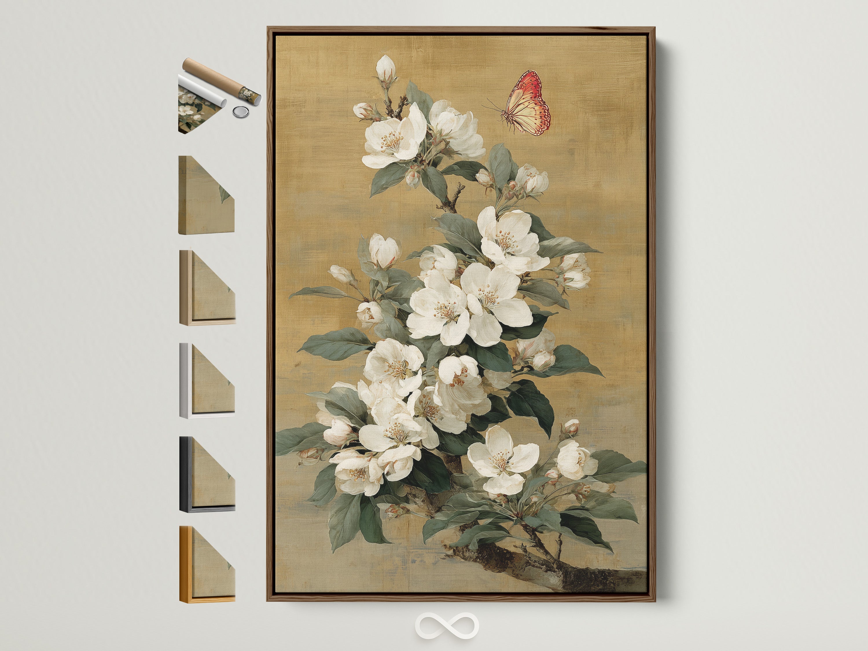 Vintage botanical art print featuring white flowers and a butterfly. The artwork is framed in a natural brown wood. See all frame options available for this victorian style artwork. Perfect wall decor for living room bedroom or office. Add a touch of nature to your space.