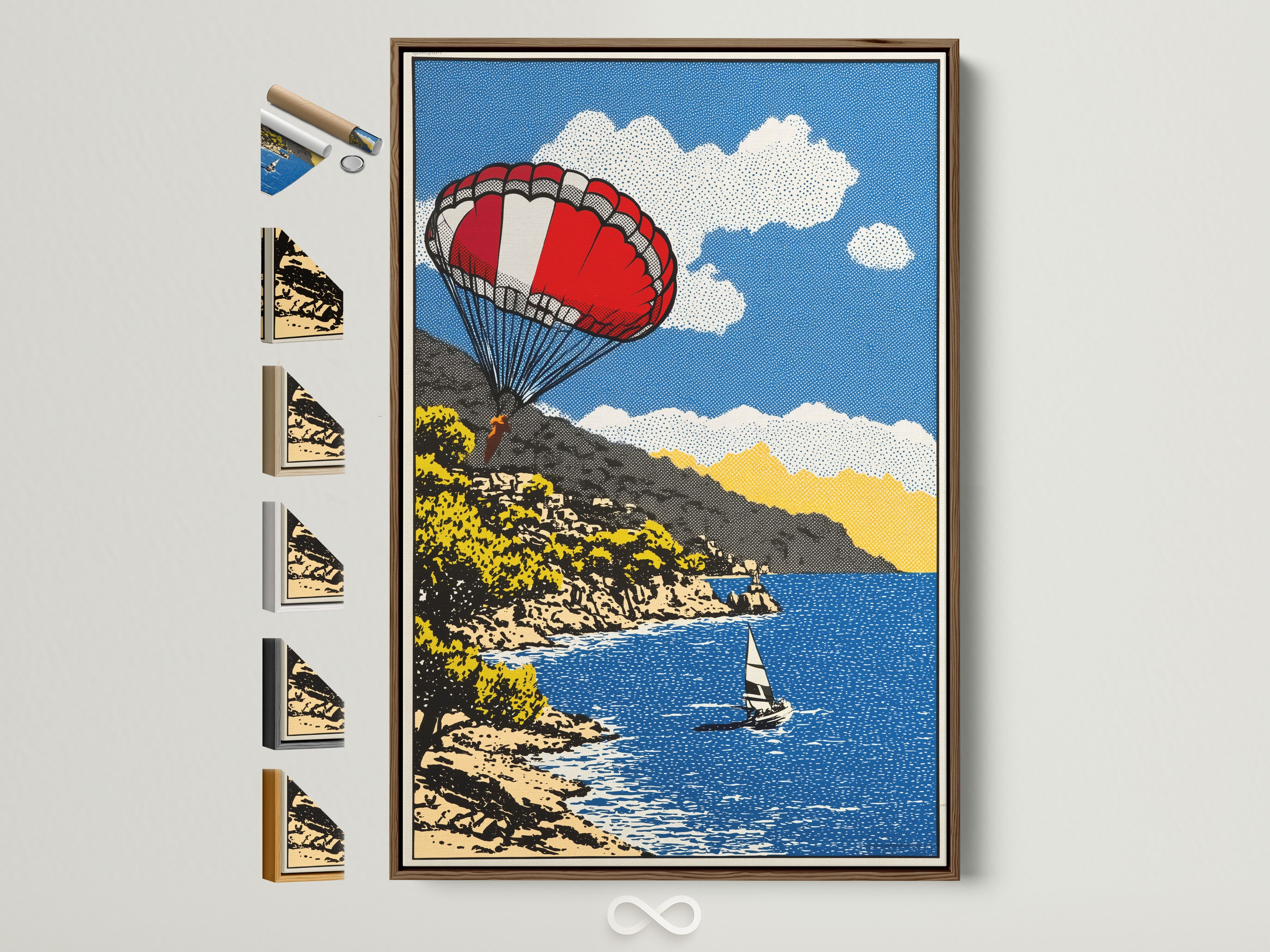 Brown frame displays artwork options. This frame has all available frame styles shown on the side. Find the perfect frame to match your artwork. It is a versatile choice for any room.