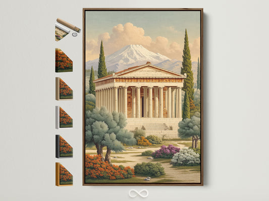 Greek Temple artwork with a brown frame. See all frame options to customize your historical wall art. This classical architecture print elevates your office study or home decor. Add a touch of ancient Greece to your space with this timeless piece.