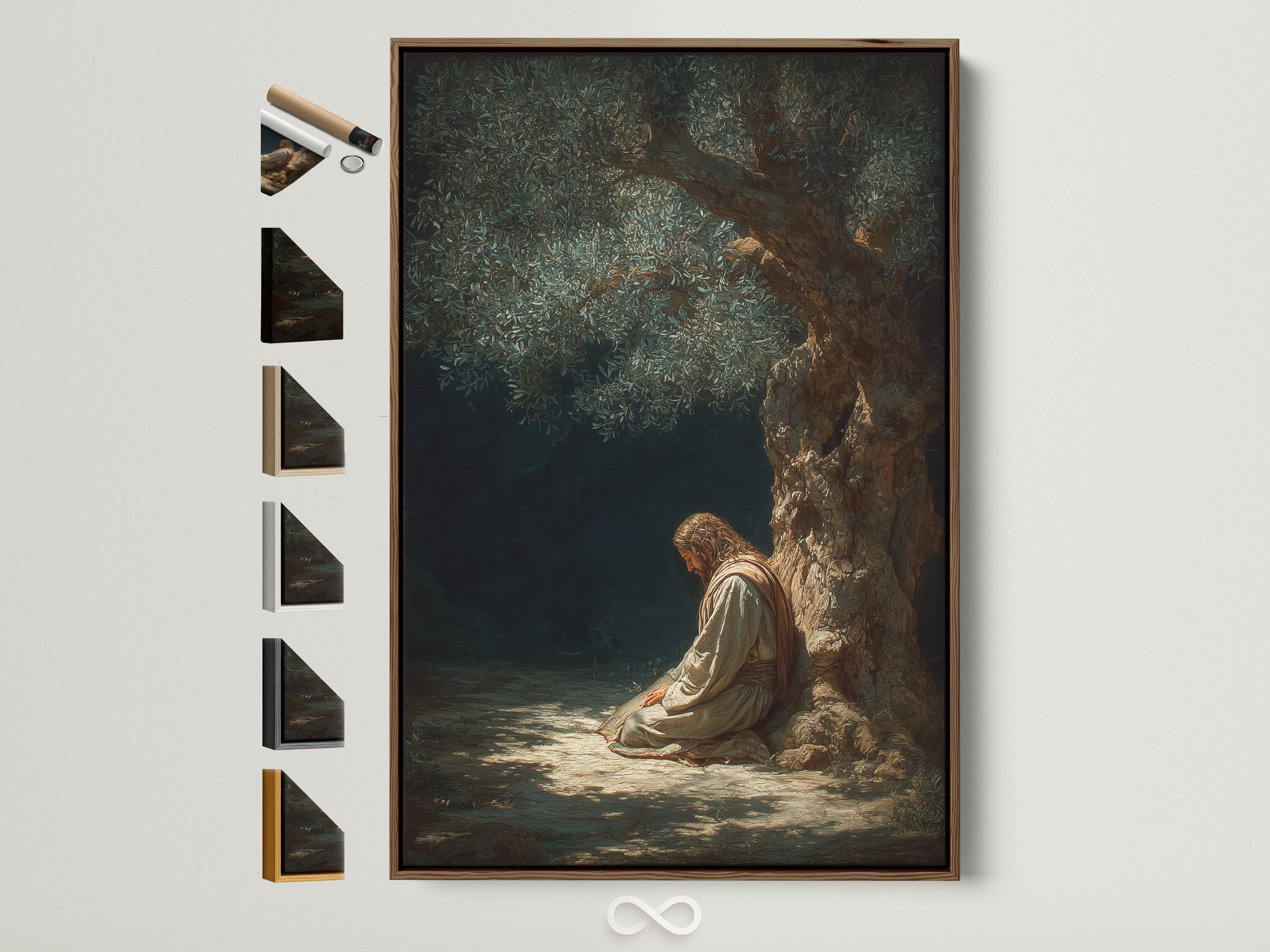 A framed artwork hangs on a white wall. The frame is brown. Various frame styles are displayed beside it. This showcases the different framing options available for fine art prints. Enhance your space with custom framed artwork.