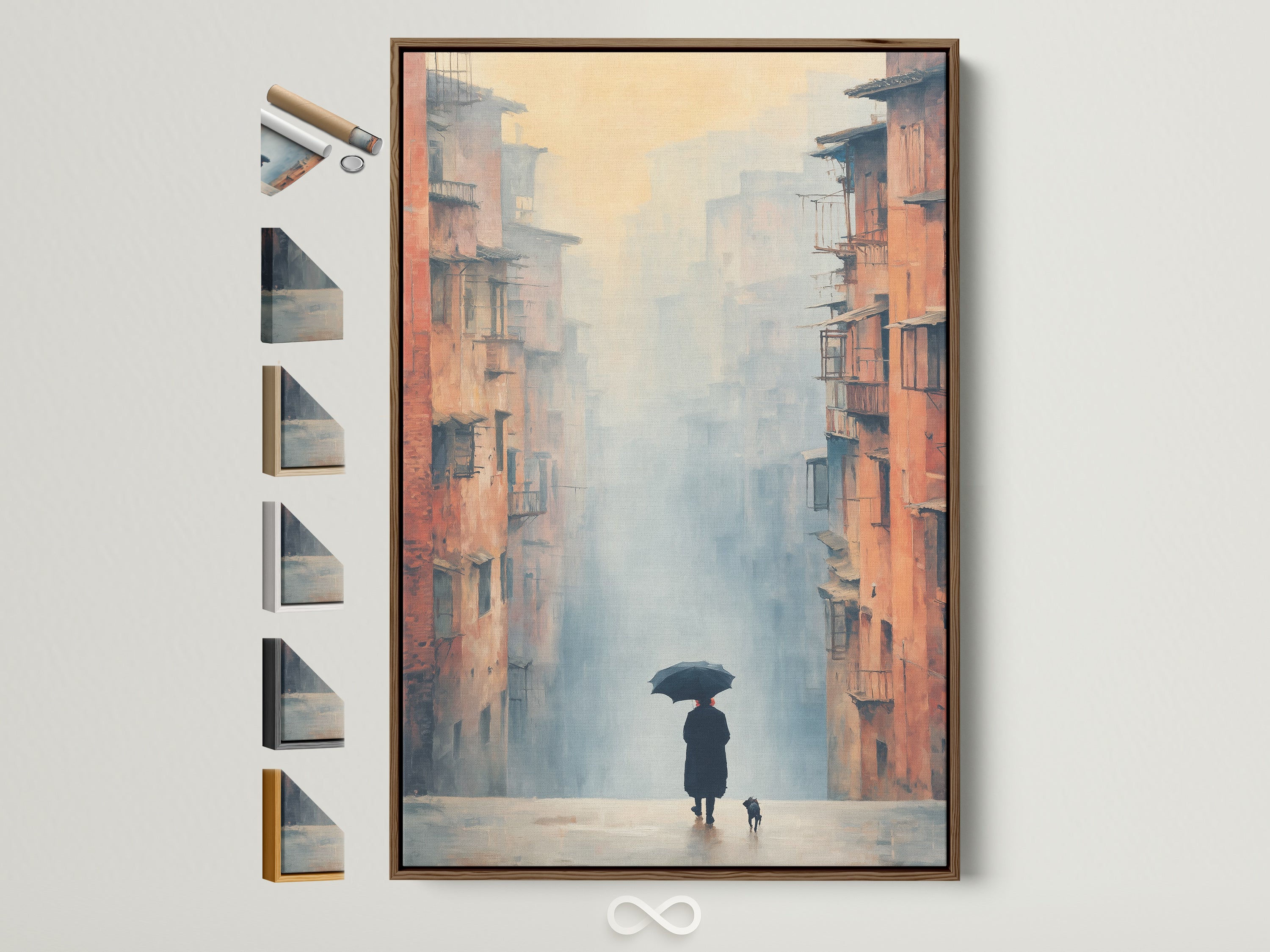 Misty Cityscape artwork in a brown frame. The artwork features a rainy urban scene with a person holding an umbrella accompanied by a dog. Explore frame options to complement your hallway wall art and muted tone decor.