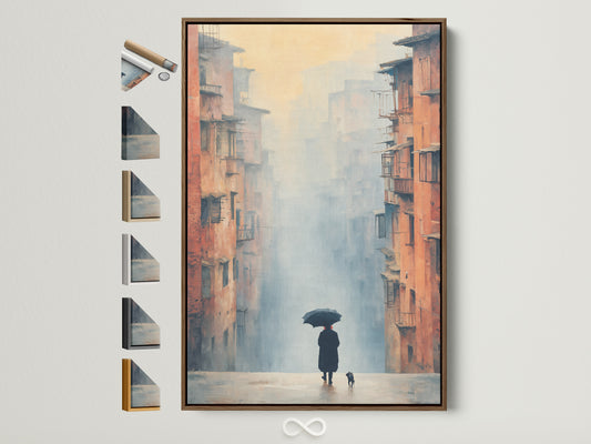 Misty Cityscape artwork in a brown frame. The artwork features a rainy urban scene with a person holding an umbrella accompanied by a dog. Explore frame options to complement your hallway wall art and muted tone decor.