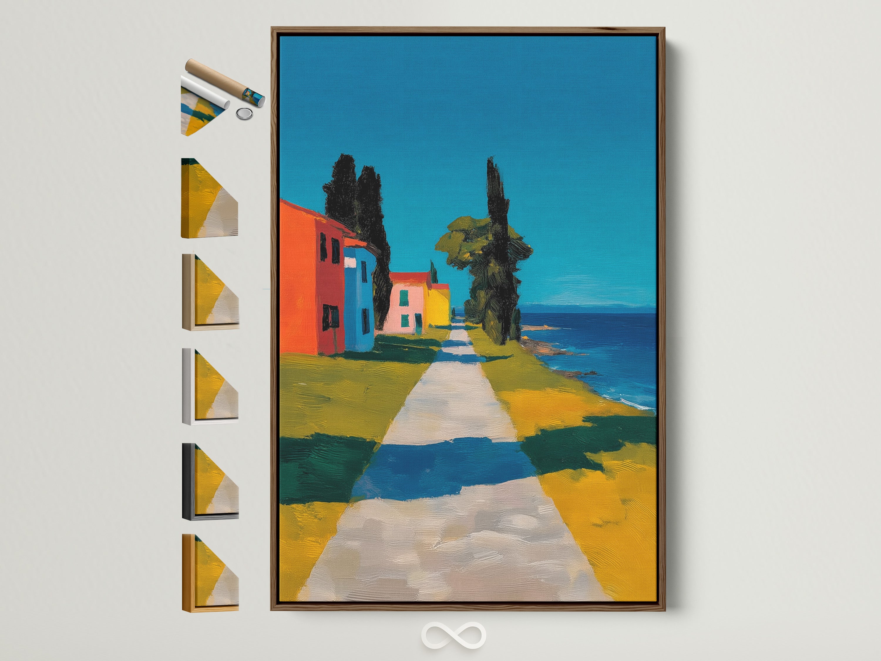 Artwork with a brown frame is displayed with all frame options on the side. The art features a path leading to colorful buildings. It is a coastal scene under a bright sky. The frame enhances the artwork's appeal.