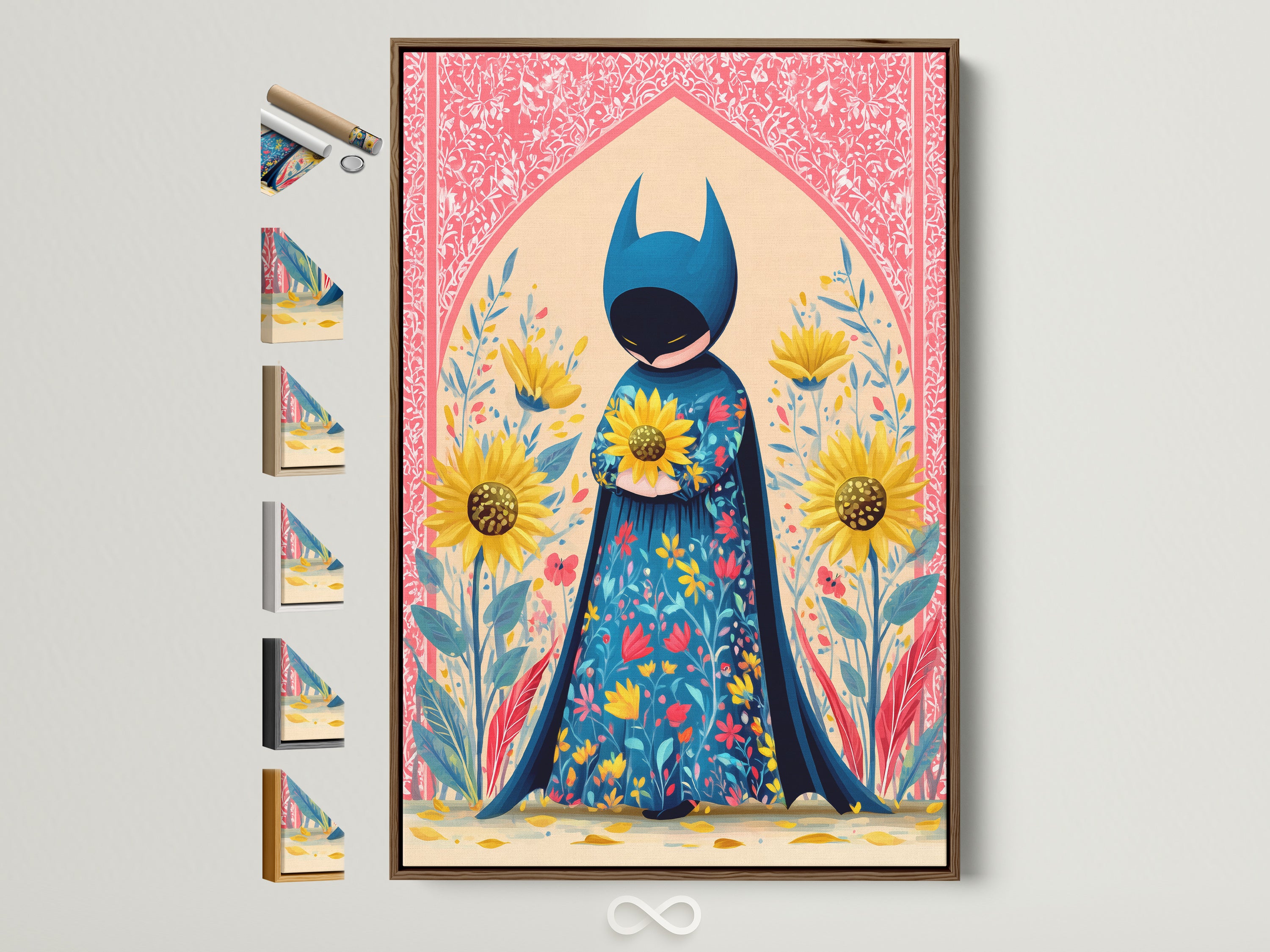 A superhero canvas artwork is displayed in a brown frame. Frame options are visible. The artwork features folk art with floral elements. It adds a whimsical touch to kids' room decor. Consider this unique artwork as a gift for a child. The art includes sunflowers and a hero canvas.