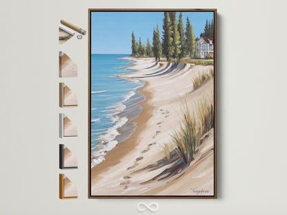 Coastal Beach House Artwork in a Brown Frame. This artwork captures a serene ocean view with a sandy shoreline. The art is displayed with frame options on the side. Perfect coastal cottage art for homeowners and interior designers.