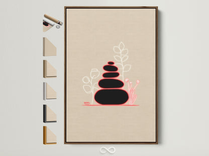 Zen Stone artwork in a brown frame. This spa wall art brings a minimalist touch to any room. Frame options are displayed on the side. Perfect for creating a calming atmosphere. Find the ideal frame to complement your beige artwork. Enhance your yoga studio or meditation space with this serene print.