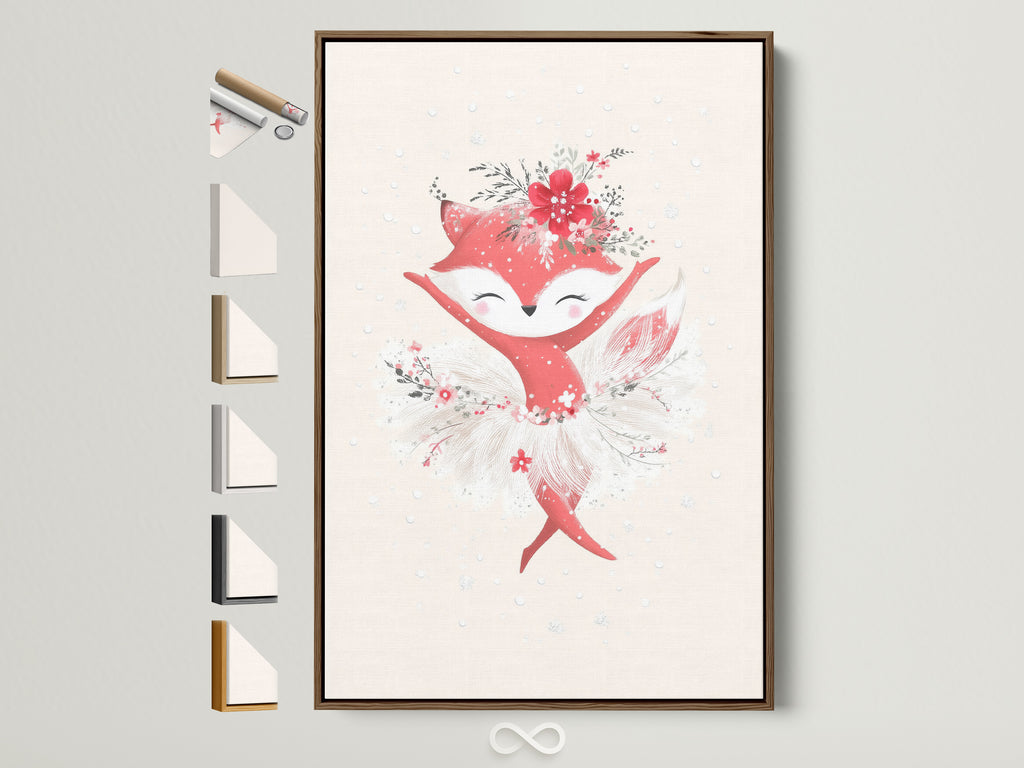 A charming fox ballerina artwork framed in a warm brown frame is displayed alongside other frame options. This cute animal art print adds a whimsical touch to any nursery or kid's room. It's perfect for parents seeking floral ballet posters to create a stimulating environment for their children.