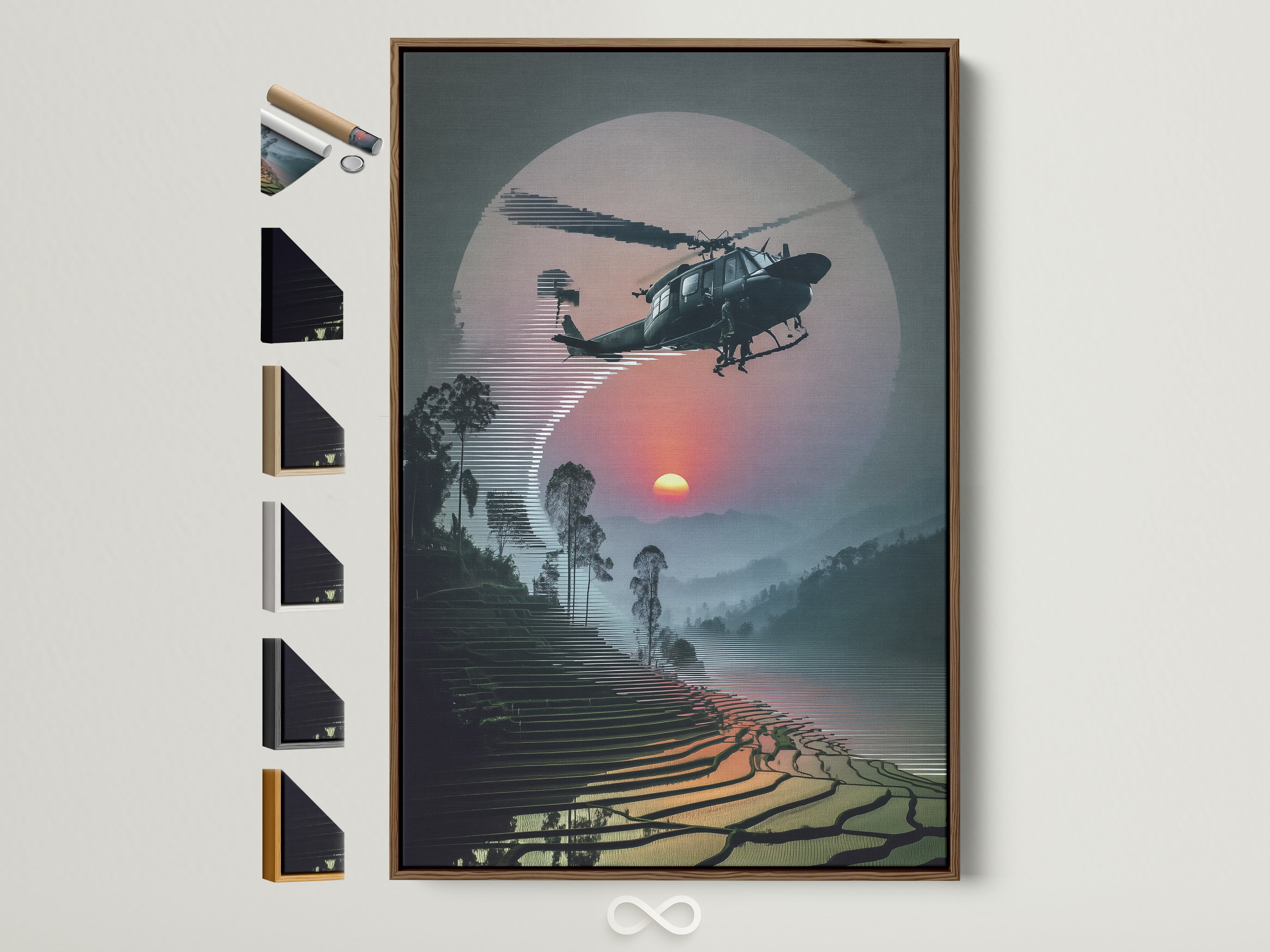 Vietnam War Era Wall Art in a brown frame. Helicopter artwork depicting a sunset aviation poster. This military aircraft print adds historical significance to any room. Explore framed art options on the side.