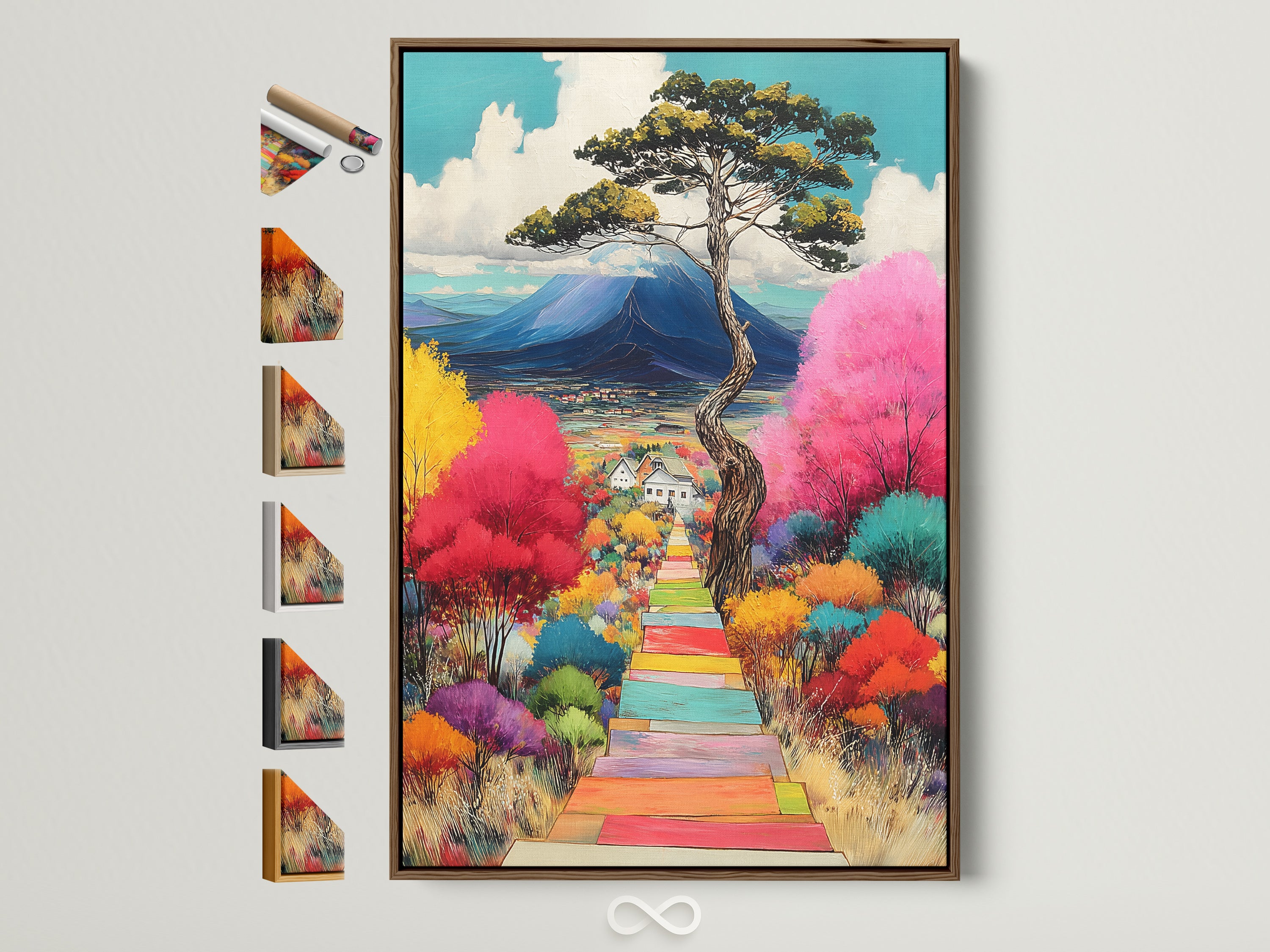 A colorful landscape art print. The artwork features a whimsical path leading to a mountain view. It is encased in a brown frame. See all frame options available for this vibrant artwork. Perfect wall art for eclectic styles.