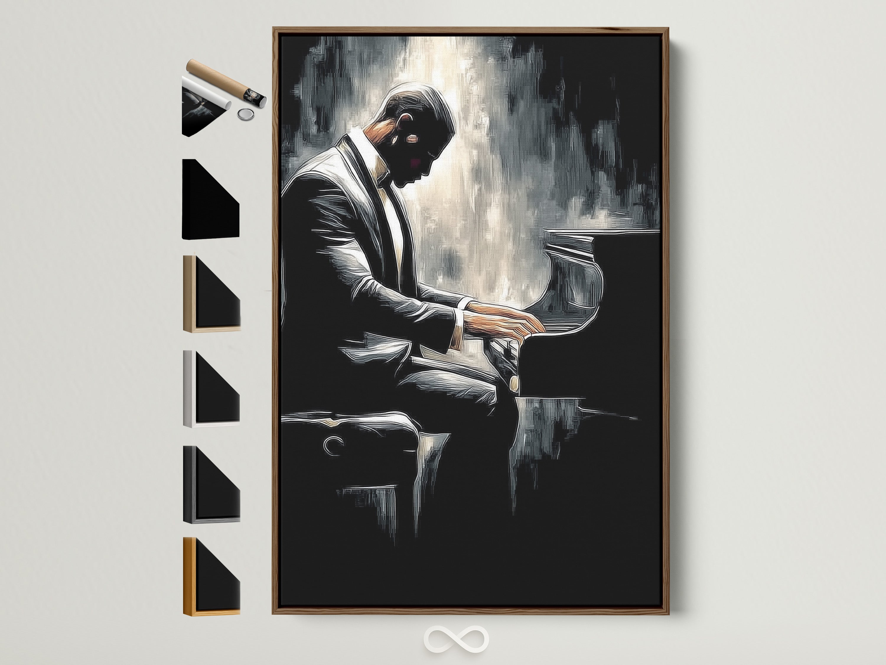 A framed piano player artwork is displayed. The frame is brown. Other frame options are shown on the side. This jazz musician wall art adds a touch of sophistication to any space. Perfect for music lovers seeking modern wall decor.