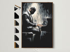 A framed piano player artwork is displayed. The frame is brown. Other frame options are shown on the side. This jazz musician wall art adds a touch of sophistication to any space. Perfect for music lovers seeking modern wall decor.