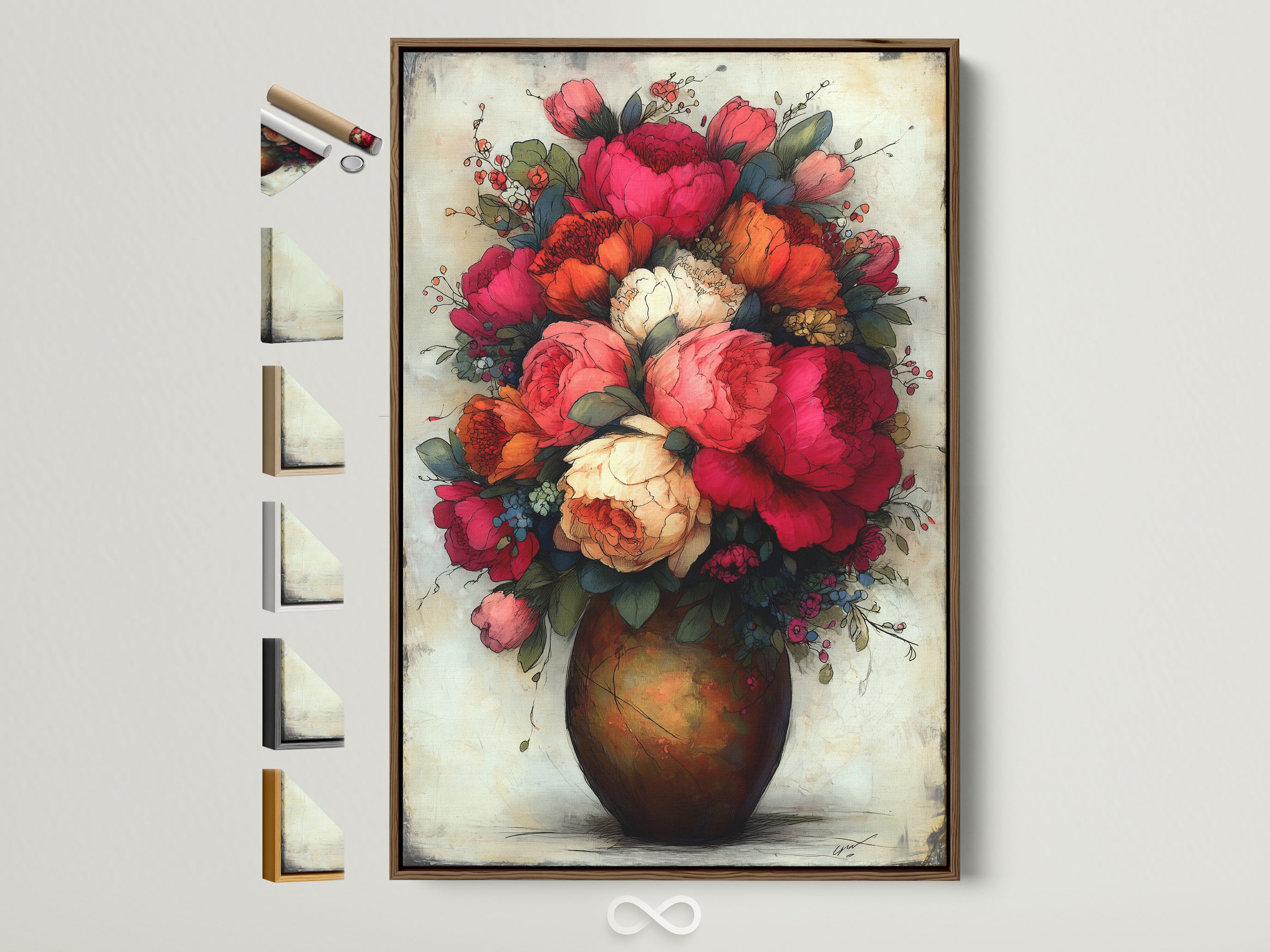 Floral bouquet art print featuring red peonies in a vintage botanical artwork style. The art is displayed in a brown frame. Explore frame options to complement your dining room decor. Discover flower wall art and floral home decor to elevate your space.