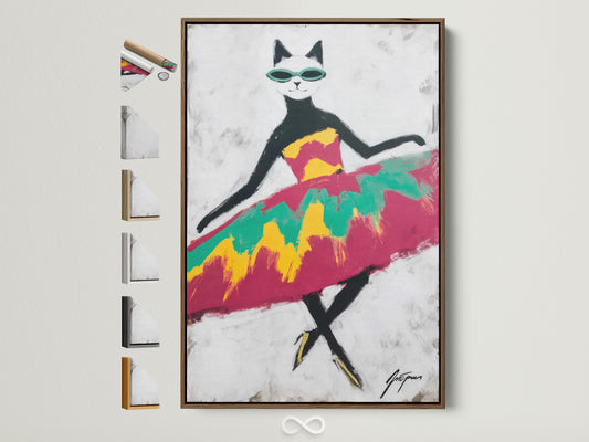 Cool Cat Art Print in a brown frame. Various frame choices are displayed. This retro sunglasses wall art adds a playful touch. It is perfect for kids' rooms. Consider this colorful abstract animal canvas for a fun decor update.