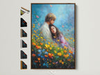 Artwork featuring a brown frame with frame options displayed. The art inside showcases a couple in a field of flowers. The brown frame enhances the artwork's warmth. Various frame styles are visible for customization.