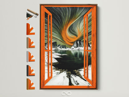 A captivating aurora borealis artwork is displayed within a brown frame. This open window view brings an arctic landscape indoors. The artwork features a mesmerizing swirl of orange and green hues. It evokes a sense of wonder and tranquility. Explore frame options to customize this scenic canvas art. It is perfect for adding a touch of Nordic charm to any living space.