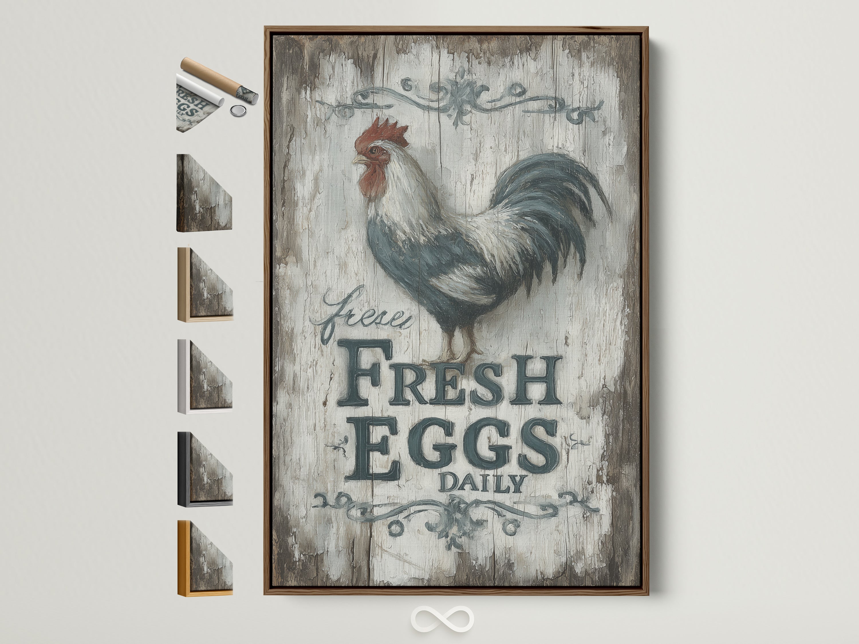 Rooster Canvas Print in a brown frame. The artwork has a vintage farmhouse kitchen vibe. It features the words Fresh Eggs Daily. The print is displayed with various frame options available. Perfect country home decor.